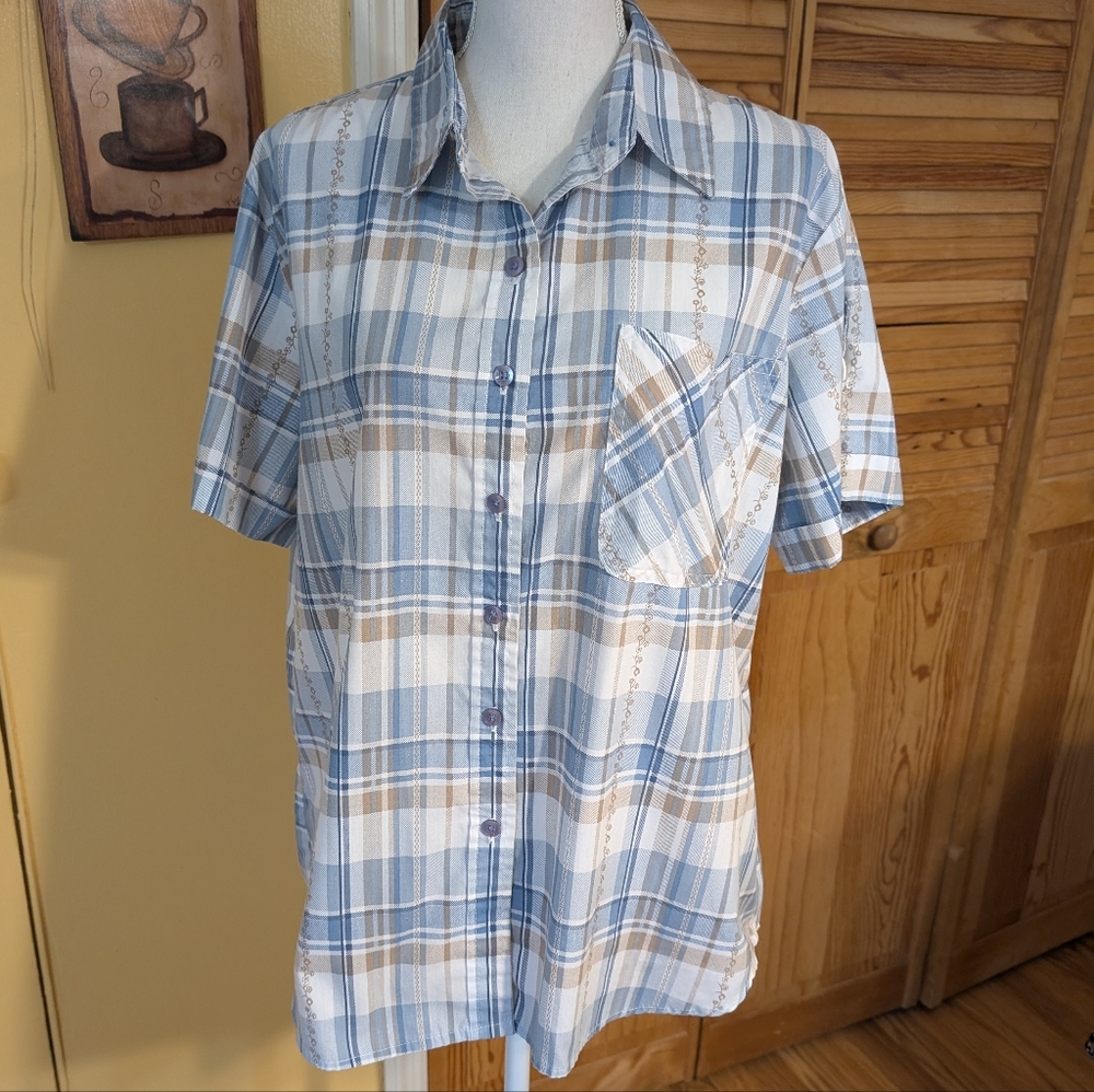 Adrian Dilafield Blue and Tan Plaid Button-Up Shirt XL